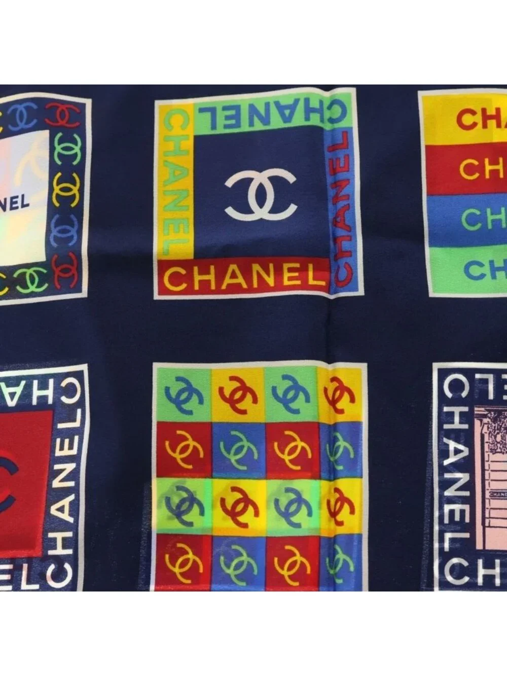 Chanel CC Logo Allover Print Silk Scarf Navy